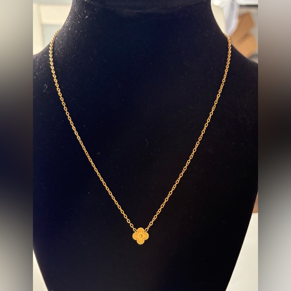 Dainty, single gold clover necklace; 16-18” length; 18k plated.
